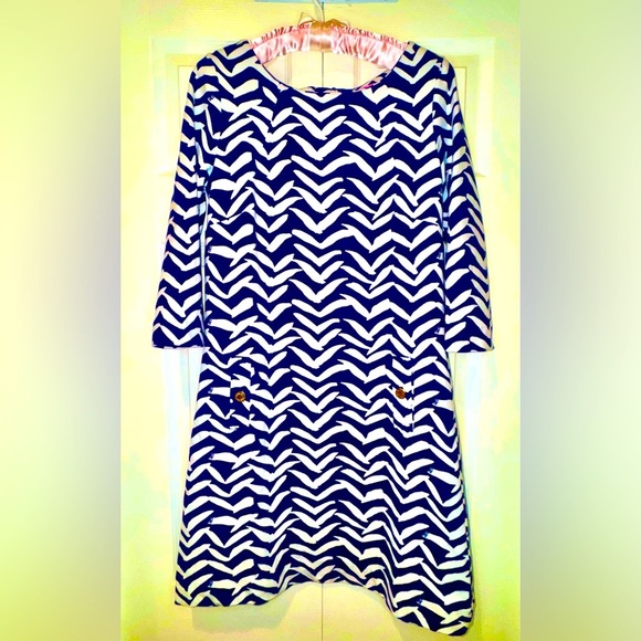 Lilly Pulitzer Navy & White I Got Lucky Bird Charlene Chevron Shift Dress S - Picture 2 of 15